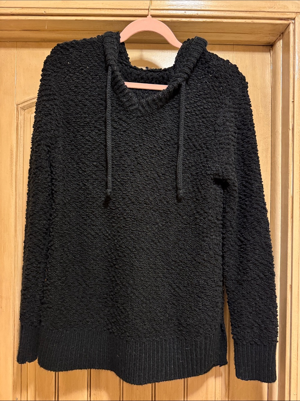 Women's Black Textured Hooded Sweater